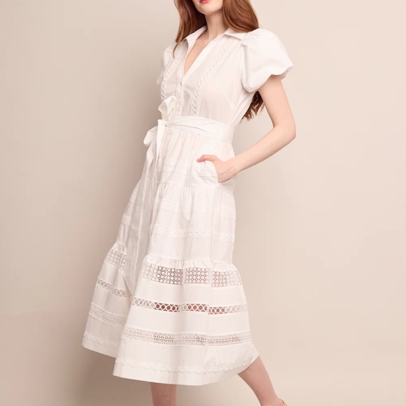 Cara Cara White Mardi Midi Shirt Dress with Lace Detail XS - Picture 2 of 3